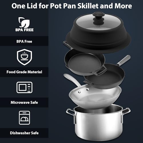 Collapsible Microwave Splatter Lid with Vented Tempered Glass Cover Wok Lid for Microwave Safe (10.5-11 inch / Black)