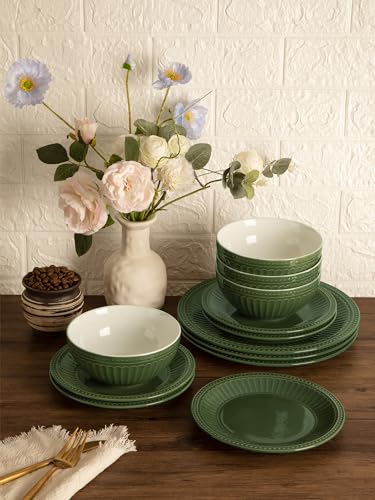 Ceramic Plates and Bowls Sets (Dark Green / Service for 8)