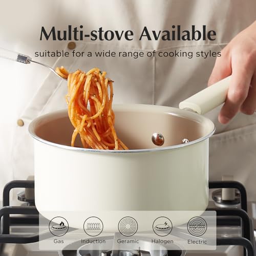 Ceramic Nonstick Saucepan with Lid (2.5 Quarts / Cream)