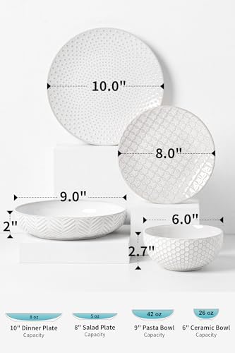16 Piece Ceramic Plates and Bowls Set (White-Mixed Embossment / Service for 4-16Pcs (Double Bowl))