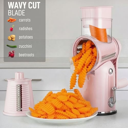 Rotary Cheese Grater Manual Hand Crank 5 Blade Shredder (5 Blades / Classic | Pink)