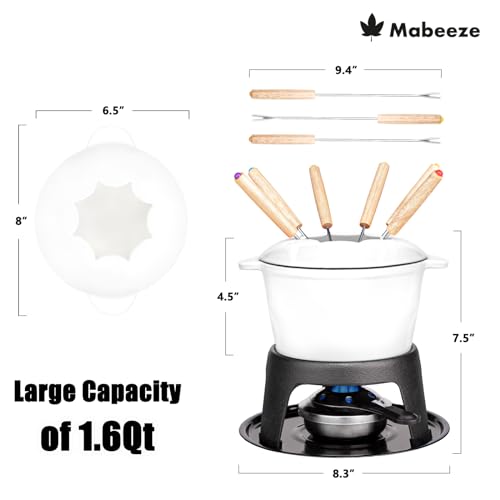 Cast Iron Fondue Pot Set White Enameled 1.6 Qt for Cheese (White)