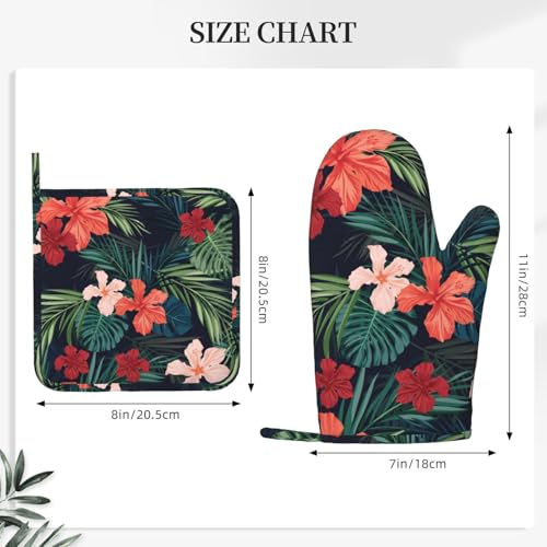 Tropic Hawaiian Hibiscus Flower Oven Mitts Pot Holders Set Silicone Heat Resistant Green Leaves Red Floral Oven Mitts and Hot Pads Potholders Non (Red Green)