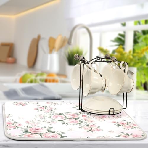 Floral Pink Roses Bouquets Dish Drying Mat for Kitchen Counter Absorbent Microfiber Drying Pad (16" x 18")