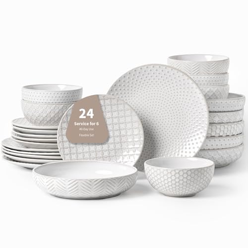 24 Piece Ceramic Dinnerware Set (White-Mixed Embossment / Service for 6-24Pcs (Double Bowl))