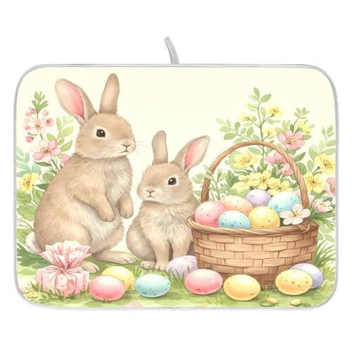 Cute Easter Bunny Rabbit Eggs Dish Drying Mat for Kitchen Counter Absorbent Microfiber Large Drying Pad Dish Mats for Kitchen Countertops 18 x 24 Inch (24" x 18")