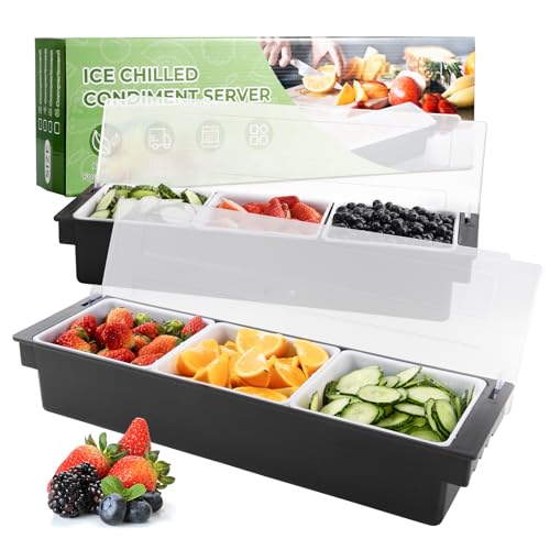 Ice Chilled Condiment Caddy with 3 Removable Trays and Lid (3 Compartment, 2 Pack)