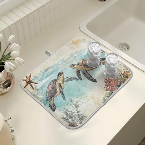 Vintage Ocean Sea Turtle04 Dish Drying Mat for Kitchen Counter Absorbent Microfiber Large Drying Pad Dish mats for Kitchen Countertops 18 x 24 Inch (Sea Turtle / 24" x 18")