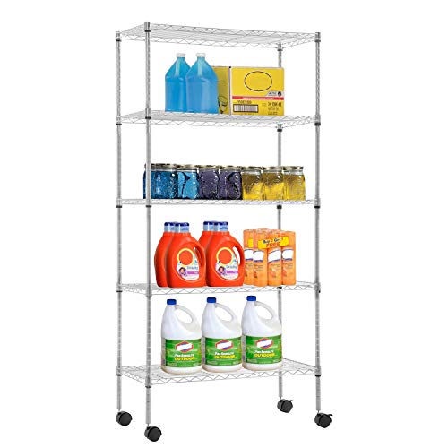 5 Tier Wire Shelf with Wheels (Chrome / 30×14×60)