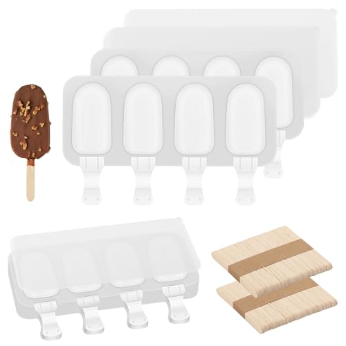 3 Set Small Popsicles Molds with Lids and 100 Pieces Wooden Popsicles Sticks (White / Small Size)
