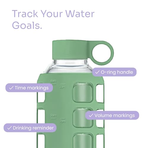 40oz / 32oz / 22oz / 12oz Borosilicate Glass Water Bottle with Time & Volume Markers, Silicone Sleeve, Stainless Steel Lid | Reusable Glass Bottle for Water & Juice (32oz Shale Green) (Shale Green (1 Count) / 32 Ounces)