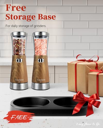 Electric Salt and Pepper Grinder Set with Storage Base (Dark Wood Grain)