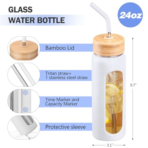 24oz Glass Water Bottle with Straw and 2 Lids (White / 24 Ounces)