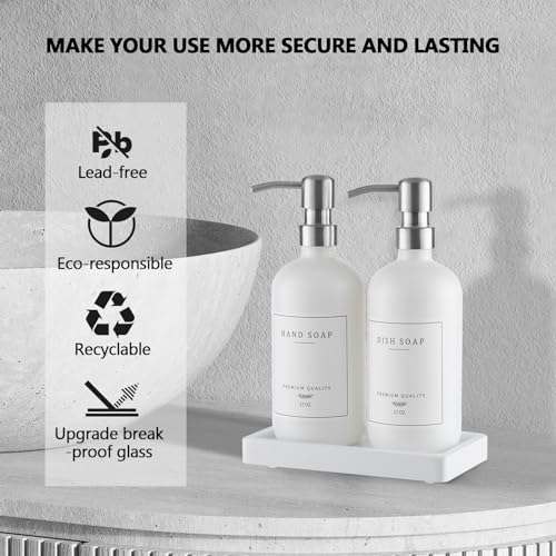 Thick Glass Soap Dispenser (White Bottle/Brushed Silver Pump + Tray + Funnel)