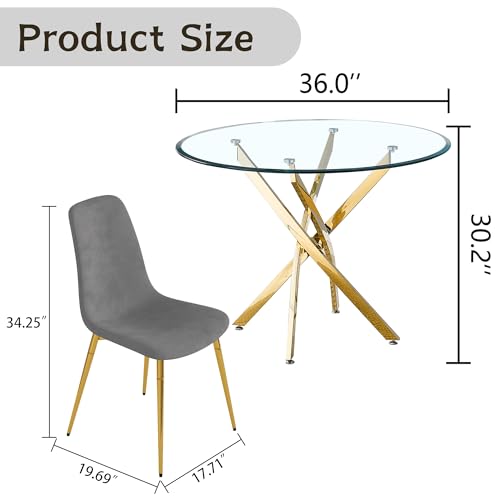 36" Round Glass Dining Table Set for 4 (Gold Round Table/Grey Velvet Chairs / 5 Pieces)