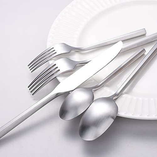 Matte Silverware Set Silver Flatware Set with Hexagon Handle 20 Pieces 18 (Matt silver)