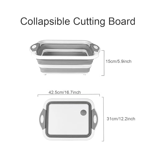 Camping Collapsible Cutting Board Dish Basin BBQ Prep Tub Camp Sink Dish Washing Station Multifunctional Storage Basket (Grey white)