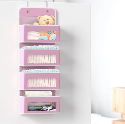 4 Clear Window Pocket Over Door Hanging Organizer (4 Pockets / Pink)