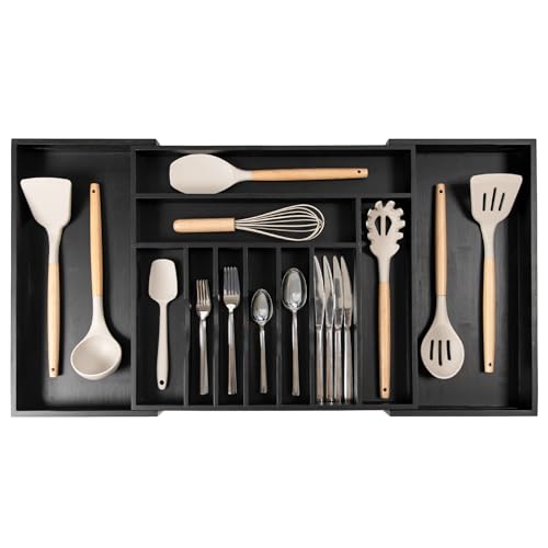 Silverware & Utensil Drawer Organizer (Black Bamboo / From 18" to 33" Wide)