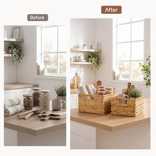 Wicker Baskets for Storage (Natural (Water Hyacinth) / 11½"L x 11½"W x 7"H + 9¾"L x 9¾"W x 6½"H)