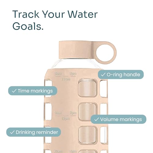 40oz / 32oz / 22oz / 12oz Borosilicate Glass Water Bottle with Time & Volume Markers, Silicone Sleeve, Stainless Steel Lid | Reusable Glass Bottle for Water & Juice (22oz Hazelnut) (Hazelnut (1 Count) / 22 Ounces)