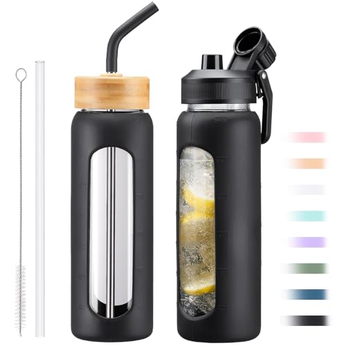 24oz Glass Water Bottle with Straw and 2 Lids (Black / 24 Ounces)