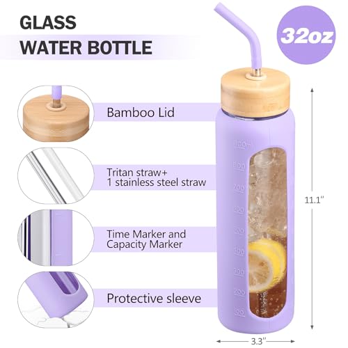 32oz Glass Water Bottle with Straw and 2 Lids (Purple / 32 Ounces)