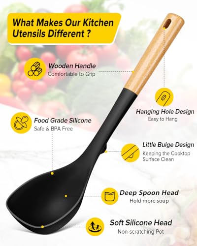 Silicone Soup Ladle and Pasta Spoon Set with Wooden Handle (2 Count)