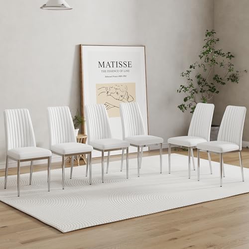 White Modern Dining Chairs Set of 6 PU Leather Armless Upholstered Chair for Dinner Room (S- White)
