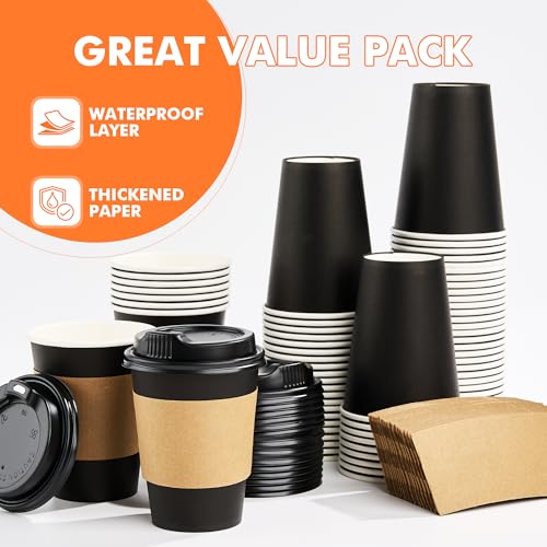 100 Pack 12 oz Disposable Coffee Cups with Lids and Sleeves (Black / 12 oz)