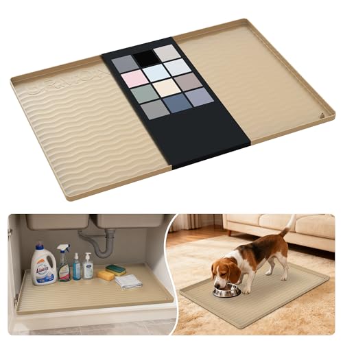 Waterproof Silicone Under Sink Mat 28'' x 19'' Shelf Liner for Kitchen and Bathroom (Khaki / 19"W x 28"L)