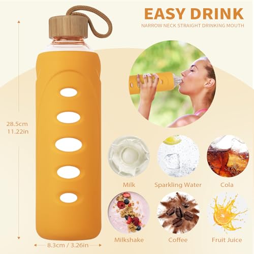32 oz Narrow Mouth Glass Water Bottle with Windowed Silicone Sleeve (Orange)