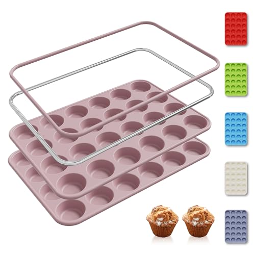 2 Pack 24 Cups Mini Muffin Pan with Metal Reinforced Frame Silicone Molds Cake Pans Egg Bites Silicone Circle Cookie Molds Muffin Tin Tart Pans Non Stick Toxic Oven Safe Baking Sheet Set (2pc: 24-Cup Mini / Morandi Pink)