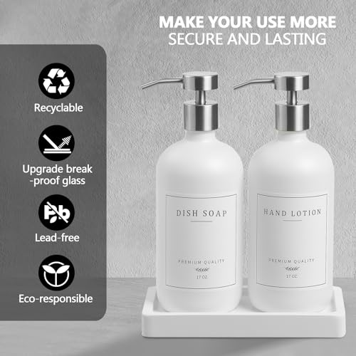 Glass Soap Dispenser Bathroom (White Bottle/Brushed Silver Pump + Tray)