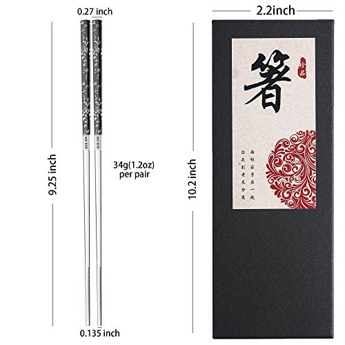 Stainless Steel Chopsticks Titanium Plated Metal Chopsticks Reusable Dishwasher safe Premium Japanese Korean Chopstick Laser Engraved Anti (A Black Silver)