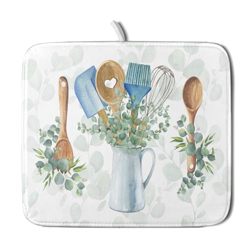 Sage Green Dish Drying Mat for Kitchen Counter (cooking supplies / 16" x 18")