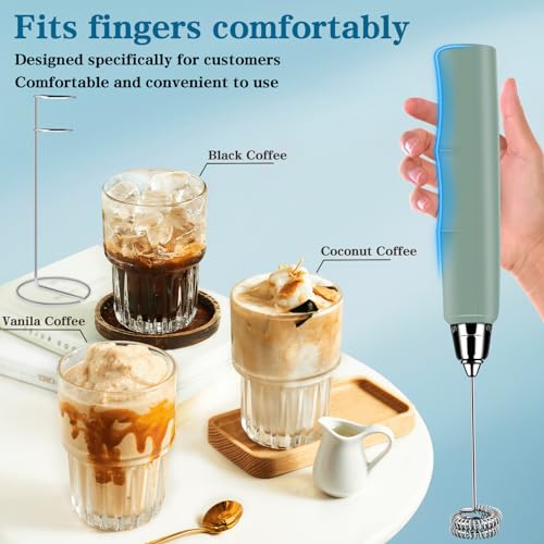 Milk Frother Wand Rechargeable Handheld Whisk Coffee 3 Speed Adjustable (Frother with stand / Morandi Green)
