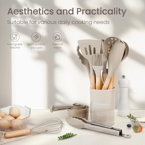 26 Piece Food Grade Silicone Kitchen Utensils Set with Wooden Handles (Khaki-B / 26 Piece)
