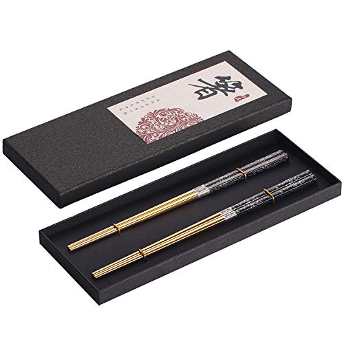 Chopsticks Reusable Titanium Plated Metal Chopsticks 304 Stainless Steel Chopstick Dishwasher safe Japanese Korean lightweight Engraved Anti (Black/Gold)