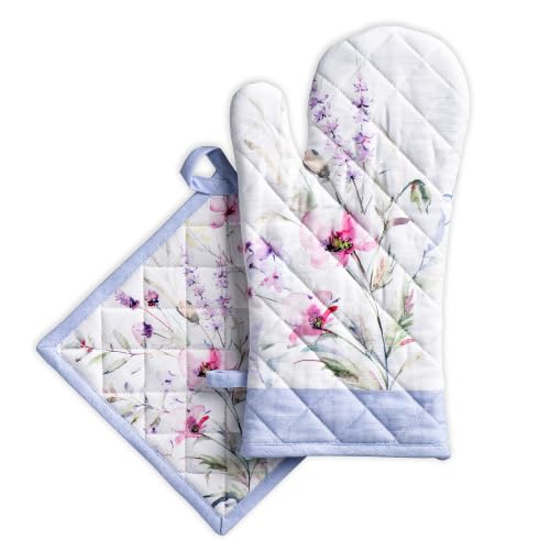 100% Cotton Oven Mitt & Pot Holder Set (068 - Summer Floral / 7.5" x 13" & 8" x 8" (Oven Mitt & Pot Holder))