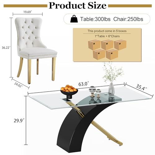 7 Piece Glass Dining Table Set for 6 (Black Table & Gold White Chair / 7-Piece Set-X-Shaped Table)