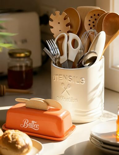 Butter Dish with Lid and Knife Butter Tray Holder for Counter Orange (Orange)