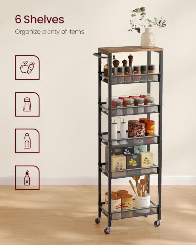 6 Tier Slim Rolling Storage cart with Wheels (Rustic Brown + Matte Black / 6 Tiers (8.7"D x 51.7"H))