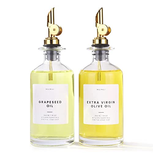 Premium Olive Oil Dispenser Bottles for Kitchen with Pourer (350ml, Set of 2 Bottles / Gold)