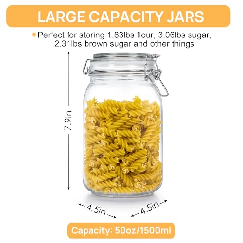 50oz Glass Food Storage Jars with Airtight Clamp Lids (4.5" x 4.5" x 7.9")