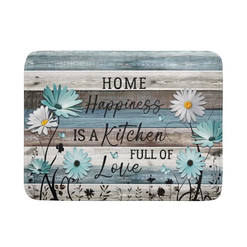 Daisy Floral Dish Drying Mat 18x24 Inches Rustic Wood Microfiber Absorbent Reversible Dish Draining Pad Fast Dry Kitchen Accessories (Home Happiness Wood / 18" x 24")
