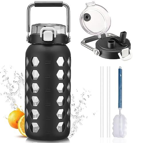 64oz Glass Water Bottle with Straw and Lid (Black / 64 Ounces)