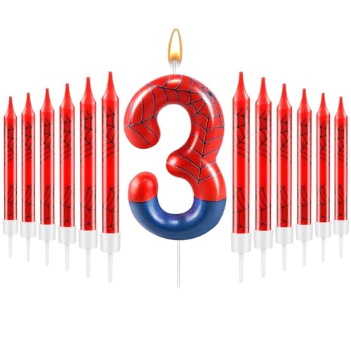 13 Pcs Spider Themed Birthday Candle Set Red Spider Theme Number 3 Candle Cake Topper for Boys Girls Birthday Decoration Spider Party Decoration Supplies (13 Count)