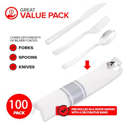 400PCS Silver Wrapped Silverware Set Disposable Hammered for Wedding (Silver - Hammered)