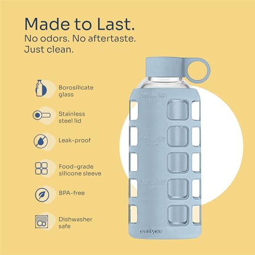 40oz / 32oz / 22oz / 12oz Borosilicate Glass Water Bottle with Time & Volume Markers, Silicone Sleeve, Stainless Steel Lid | Reusable Glass Bottle for Water & Juice (22oz Ice Blue) (Ice Blue (1 Count) / 22 Ounces)